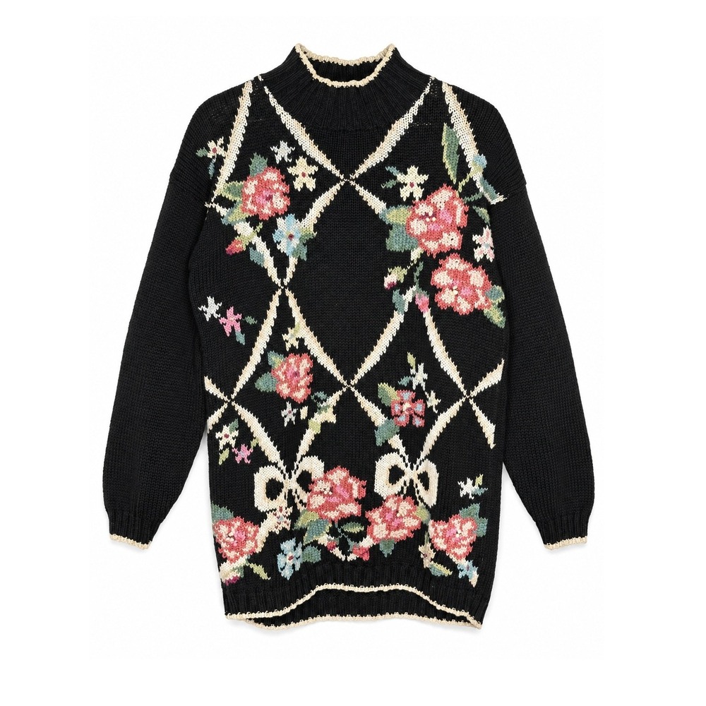Beldoch Popper Vintage Floral Rose Mock Neck Sweater S Chunky Knit Heavyweight